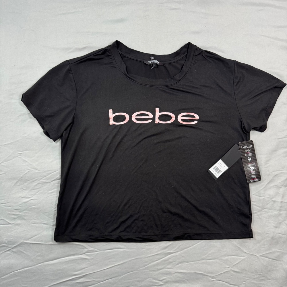 Y2K Bebe Sport Womens L Black Performance T-Shirt Pink Logo Crewneck Fitted
